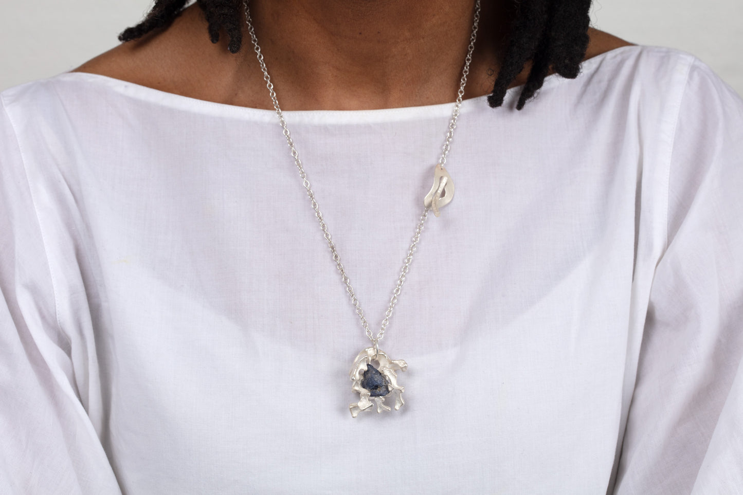 Large Coral Recycled Silver and Blue Sapphire Necklace