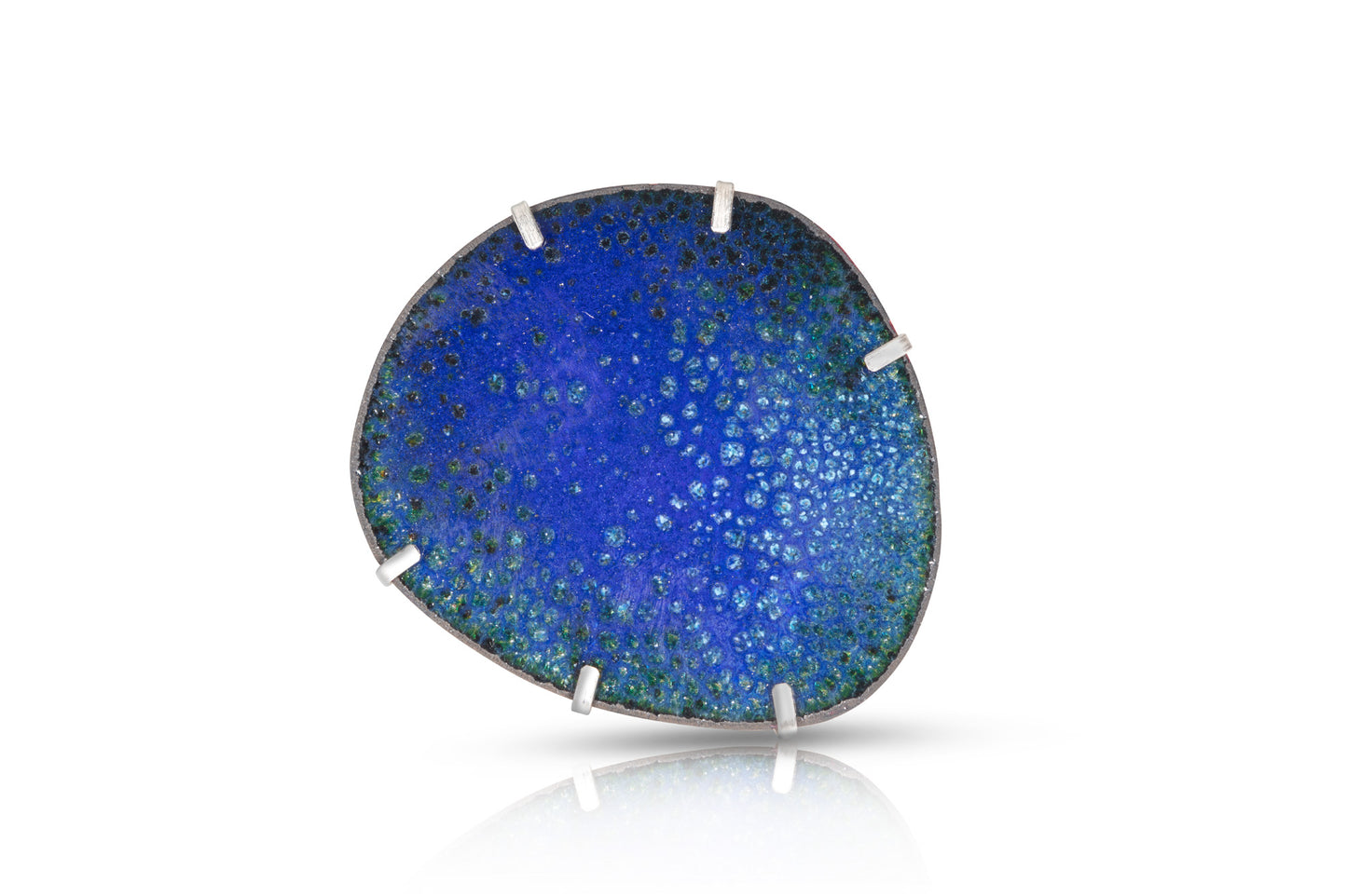 Peacock Blue Enamelled Copper and Silver Brooch