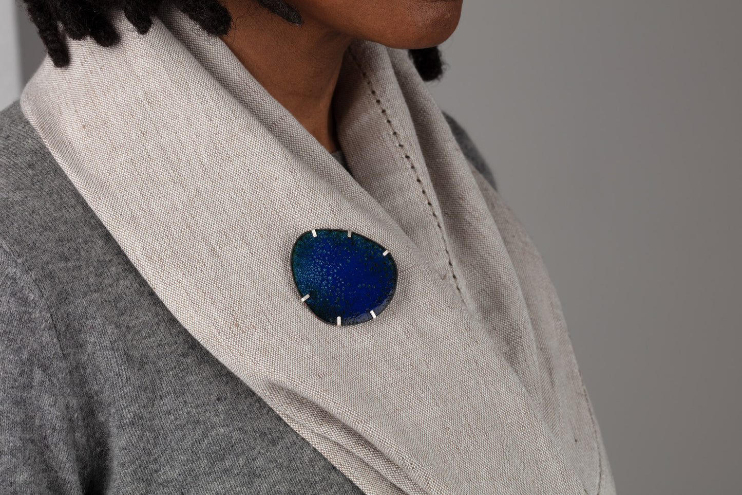 Peacock Blue Enamelled Copper and Silver Brooch