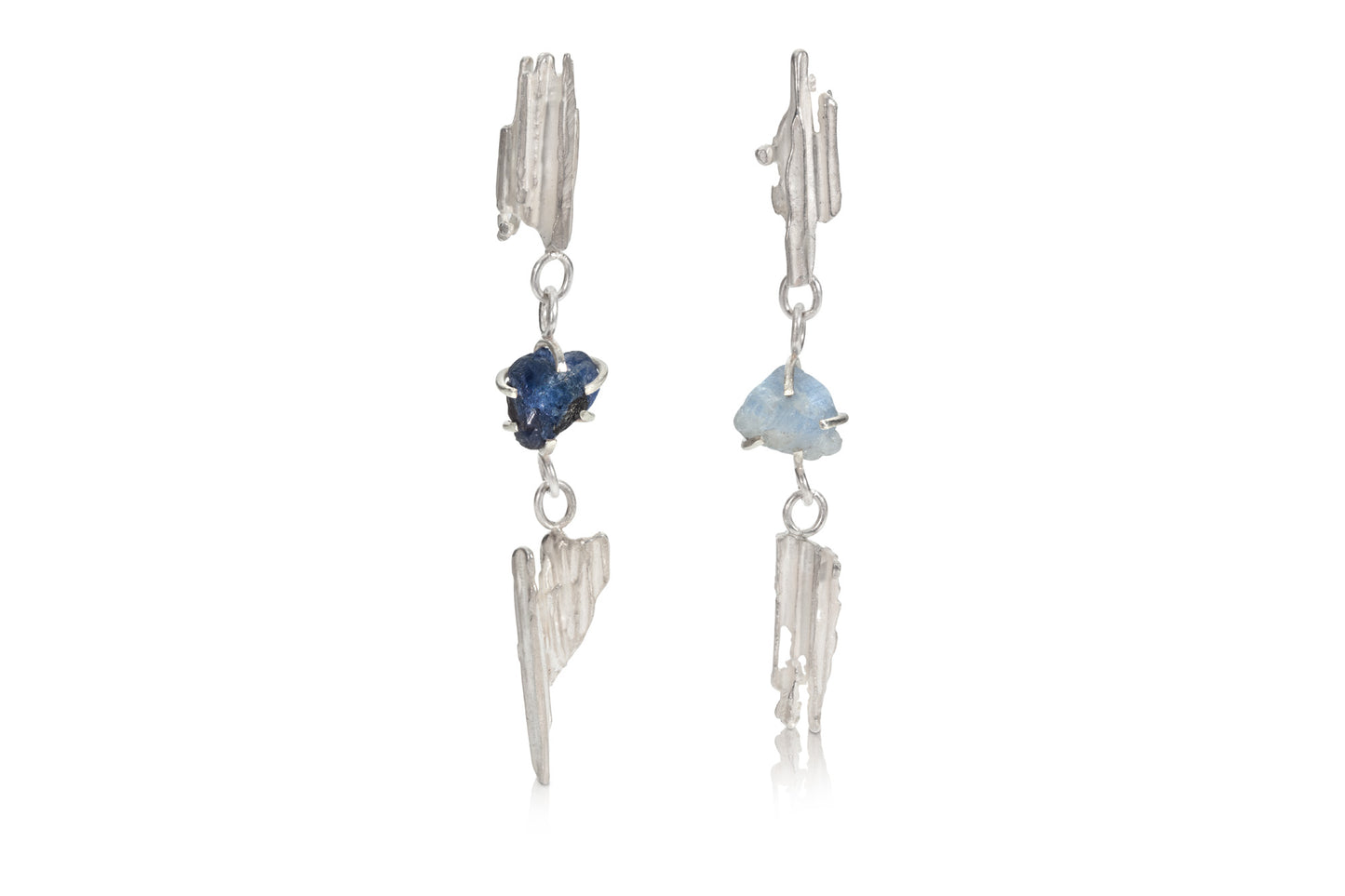 Recycled Silver and Blue Sapphire Mismatched Drop Earrings