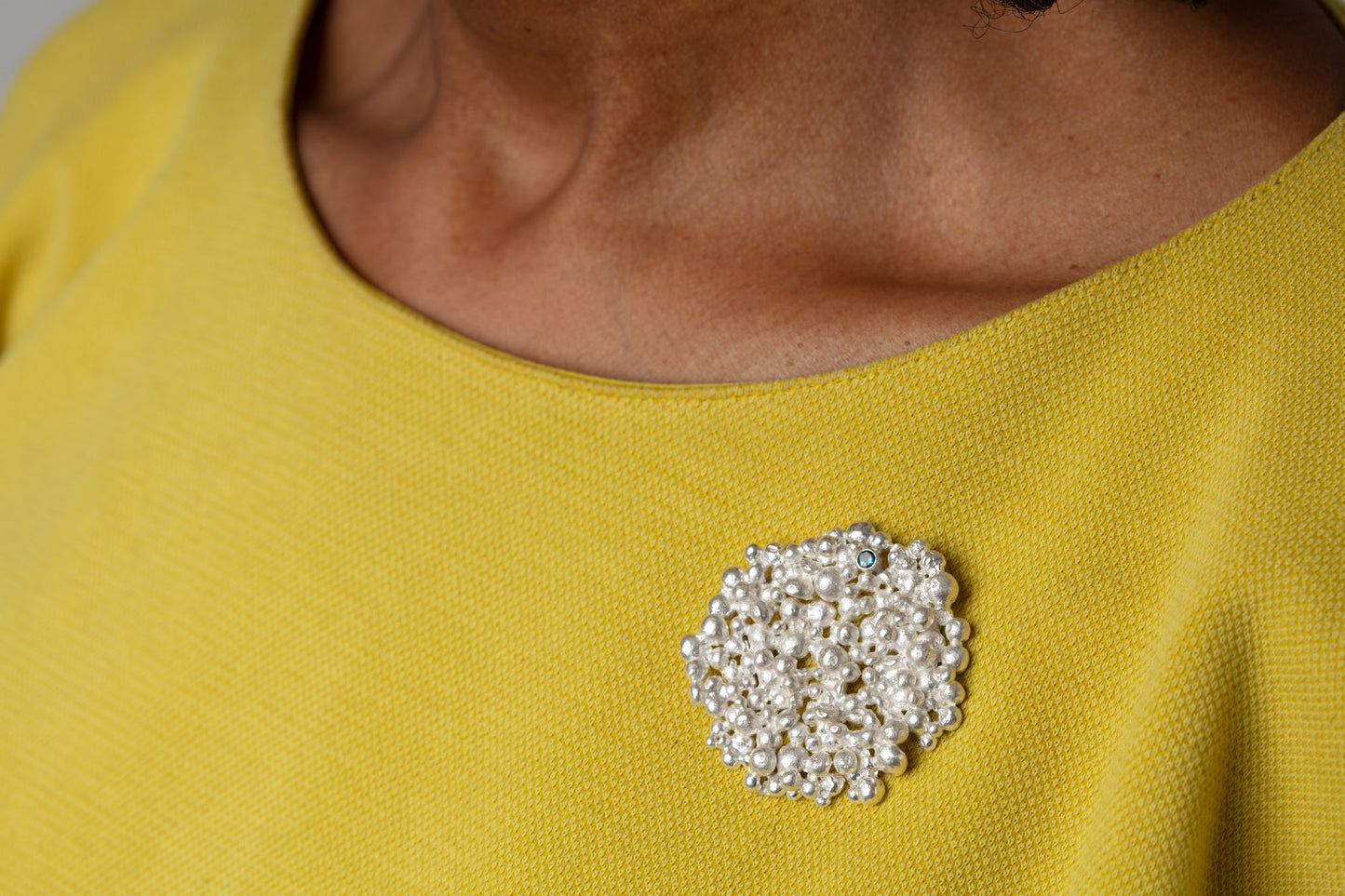 Recycled Silver and Blue Tourmaline Granulation Brooch