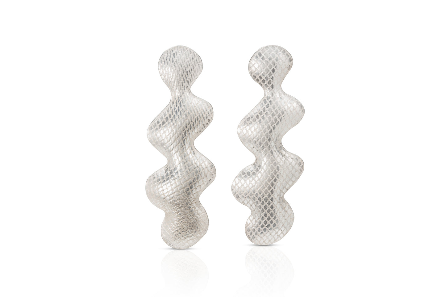 A pair of textured silver earrings with a wavy, snake-like vertical design, displayed on a clean white background.